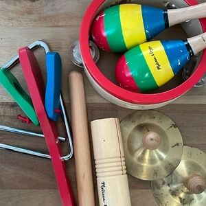Melissa and Doug band instruments wooden cymbals tambourine triangle
